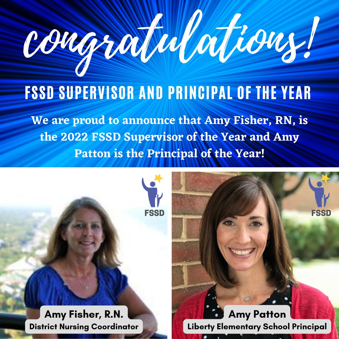Congratulations to these two FSSD superstars! <a href="/fssdDirofSchool/">Dr. David Snowden</a> has announced Amy Fisher and Amy Patton as the 2022 FSSD Supervisor of the Year and Principal of the Year! Regional winners will be announced in late spring by <a href="/TNedu/">TN Dept of Education</a>. 🌟🌟  #FSSDproud