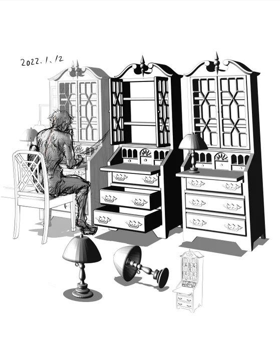 1/12【0366/365】液タブ クリスタ Blender【気付き】無事3Dモデルが表示された。原因は多角面。3Dの最小3頂点に変換されズレたから。先に該当箇所を三角に分けて解決。引出しと扉も動く。線画はレンダリング。また、モデルから手で線を描く。#ぽののペン練習 #ぽのとグプティル #blender初心者 