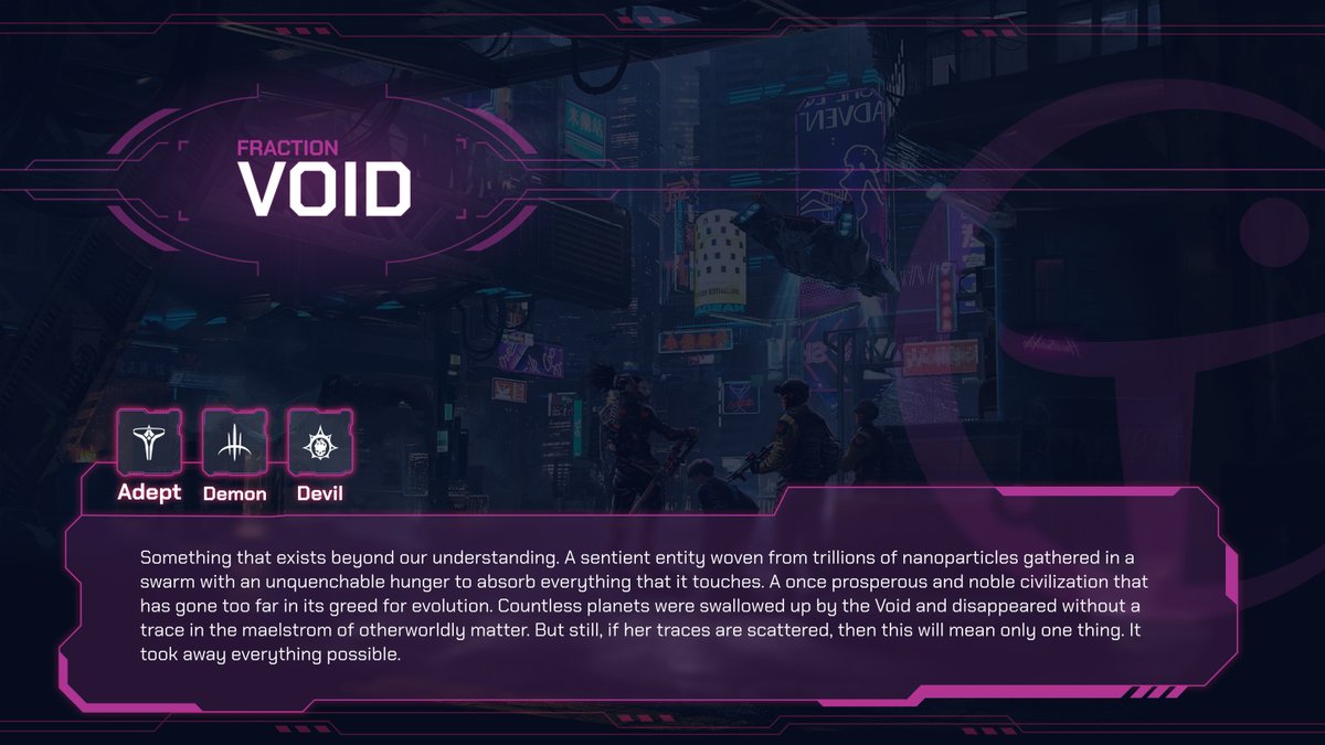 CyberVoid_NFT's tweet photo. The time has come to talk about our first fraction - Void! If you literally get high by playing for the bad guys, don't overlook it - here's your place! 

#NFT #NFTGame #PlayToEarn #GameFi #NFTarts #NFTs https://t.co/Mcor3MlKu0