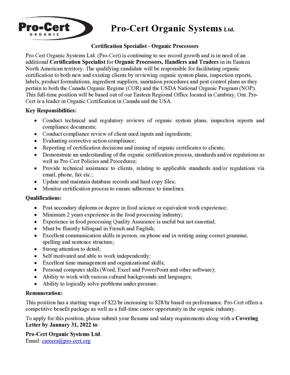 ProCertOrganic's tweet photo. We are growing again! We are looking for a Processor Certification Specialist to join our team in our Ontario office.  If this person is you, give us a call! https://t.co/tvpM5ATBrp