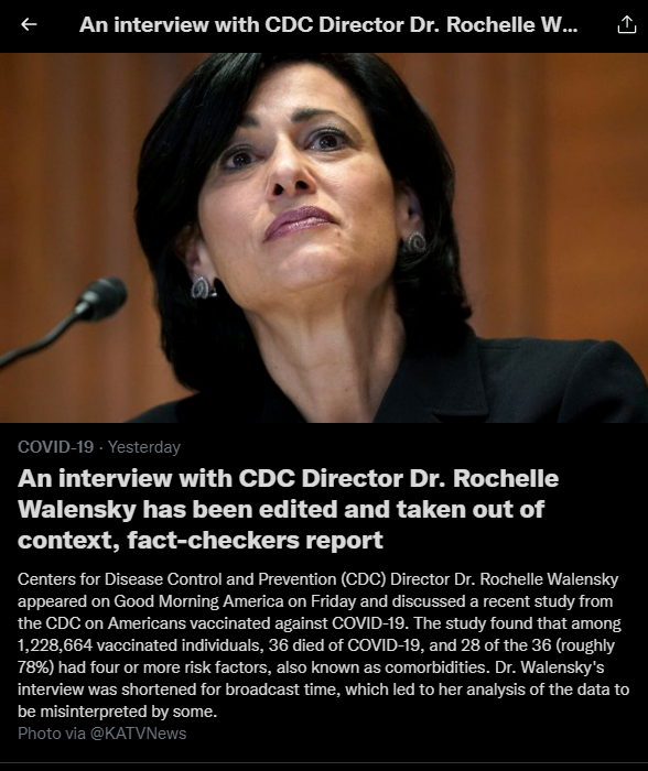 Count_Trarian's tweet photo. @Shannon_10Ten @Chip00446123 @peakpilot @RMHCCanada yes whos interview was edited and shortened. your "source" forgot to mention that part. your source is a website deciding how to spin the interview not the actual Director of CDC. https://t.co/Fij2QWkaxO