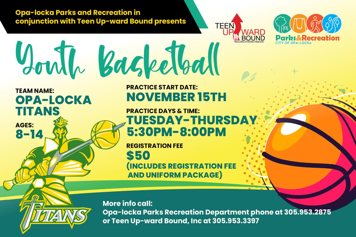 JohnEPateCOL's tweet photo. Opa-locka Parks &amp; Recreation along with Teen Up-ward Bound present: Opa-locka Titans Youth Basketball.
Ages: 8- 14 
Practice days &amp; time: Tues - Thurs | 5:30 pm - 8:00 pm
Reg. fee: $50 (includes uniform)

For more info: 305-953-3397
#iAmOpalocka https://t.co/umvKBFPJFe