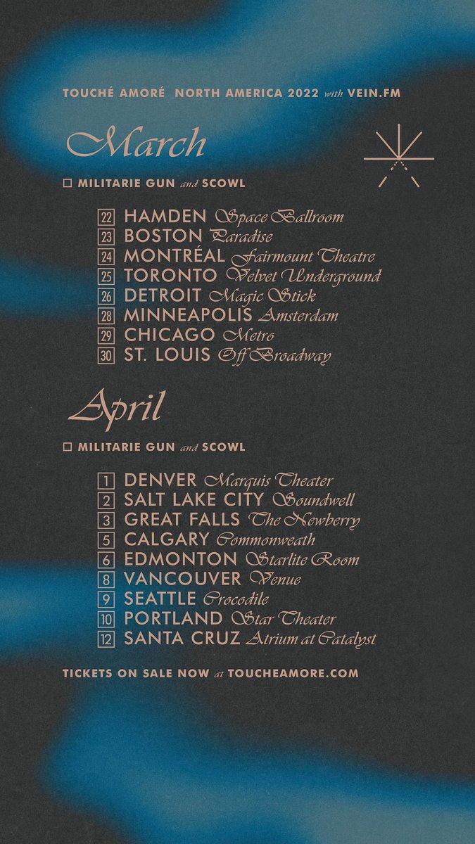 Touché Amoré (@toucheamore) on Twitter photo Our Spring headlining tour w/ <a href="/vein_fm/">vein.fm</a> is just around the corner and we’re so thrilled! This tour also includes <a href="/GleemerBand/">GLEEMER</a> <a href="/militariegun/">militarie gun</a> and Thirdface! Lastly welcome <a href="/Scowl40831/">SCOWL</a> and <a href="/closerisaband/">closertheband</a> to select dates! - tickets on sale now! toucheamore.com/tour/ Our Spring headlining tour w/ <a href="/vein_fm/">vein.fm</a> is just around the corner and we’re so thrilled! This tour also includes <a href="/GleemerBand/">GLEEMER</a> <a href="/militariegun/">militarie gun</a> and Thirdface! Lastly welcome <a href="/Scowl40831/">SCOWL</a> and <a href="/closerisaband/">closertheband</a> to select dates! - tickets on sale now! toucheamore.com/tour/
