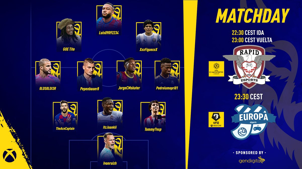 FC_Returned's tweet photo. #FIFA22 #XBOX 

Noche europea en la que nos jugamos el pase a cuartos. Vamos allá 👊

🏆 1/8 Champions League @VPLglobal 
🆚 FC Rapid 1923 eSports
⏰ 22:30 - 23:00

🟨🟦🟨🟦

🏆 J15 @VFOspain_xbox 
🆚 @EuropaEsports 
⏰ 23:30

#WeReturned 🐺 https://t.co/mJ6B7oVcnX