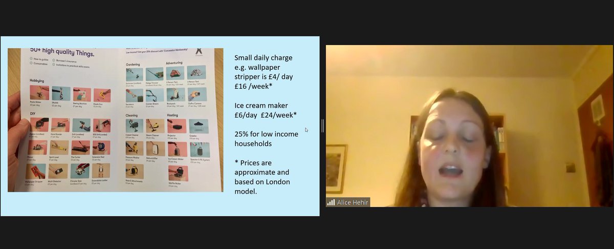 Alice Hehir describes <a href="/ThingsCambridge/">Cambridge Library of Things</a> model based on London model - small price for items, items bought new, 25% discount for low income households