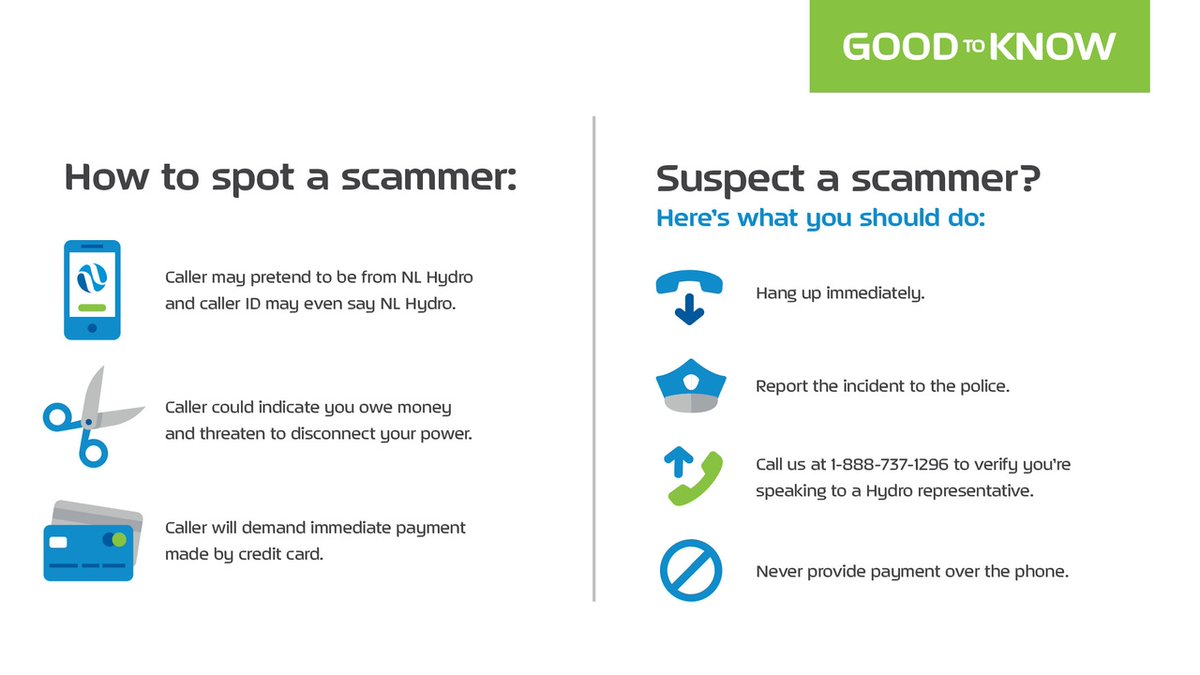 NLHydro's tweet photo. Utility scams are becoming a common occurrence. Here’s how to spot a scam and what you should do if you think you’re being scammed. https://t.co/czjmk3eOIc
