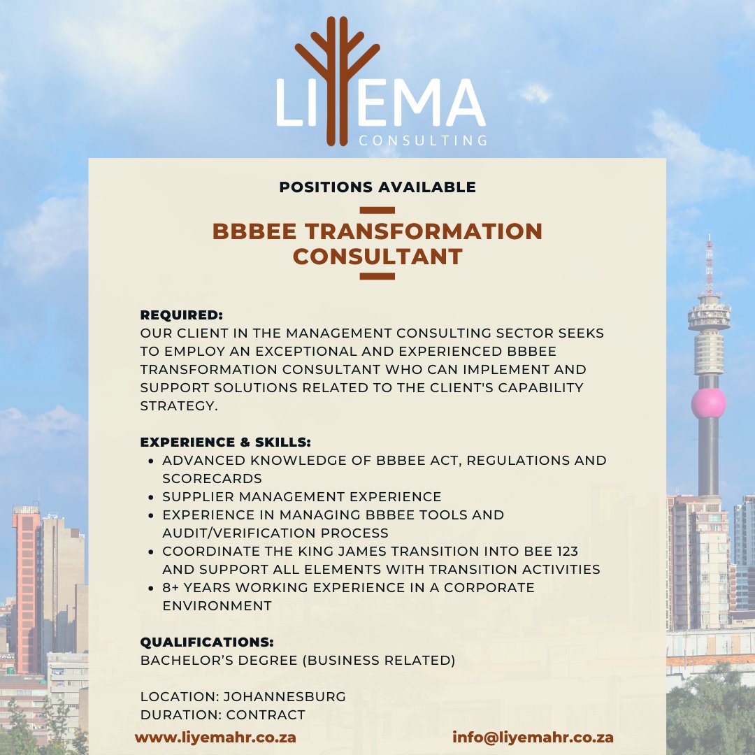 Our first job post of the year may be for you. If it is, contact us for more information and to apply. Otherwise please re-tweet. ☺️

Our details: +27 11 484 9339 / info@liyemahr.co.za

#JobAdviceSA #JobAlert #JobSeekersSA