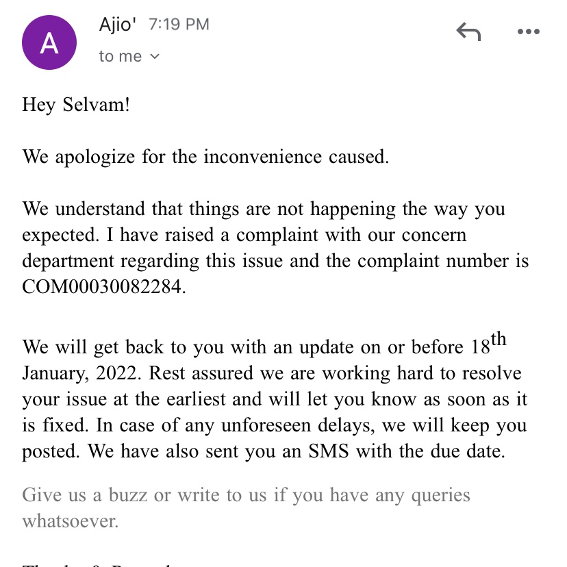 sammraj's tweet image. Look at how your team is functioning first they say by 14th Jan they will respond for a issue that’s existing from 12th Dec , and now 18th Jan date is given .. TOP of it I still don’t know when u will refund my money !! HEIGHTS @AJIOLife #ajiofails #ajiocheats