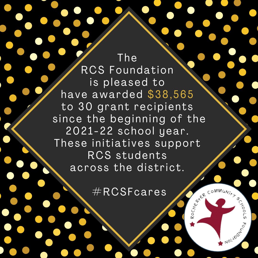 RCSFoundation2's tweet photo. The RCS Foundation is pleased to have awarded $38,565 to 30 grant recipients since the beginning of the 2021-22 school year. These grants enrich multiple schools, programs and grade levels across @rochcommschools. Stay tuned as we highlight the winning initiatives. #RCSFcares https://t.co/J8j4CK5NmP