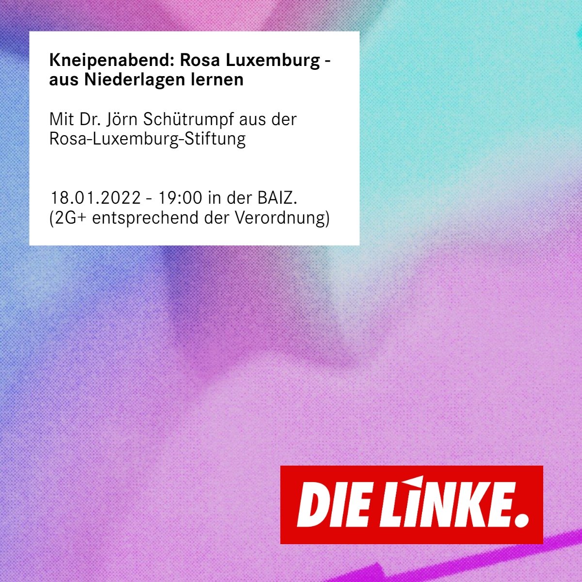 Kneipenabendzeit!
Für Rosa Luxemburg bedeutete Sozialismus eine Vereinigung größtmöglicher politischer Freiheiten mit sozialen Freiheiten. Der Weg dorthin ist mit Niederlagen gepflastert - aus denen man, wie schon Rosa wusste, nur lernen kann. 
Dies wollen wir zusammen tun 👇