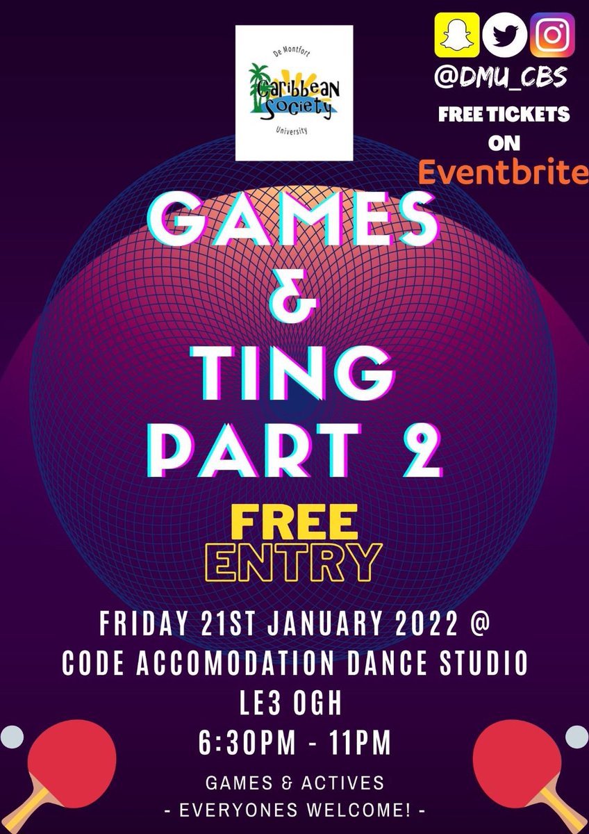 Hello and welcome back fellow DMU Students‼️ Happy 2022🥳 and what’s a better way to ease in to the year than a wonderfully jam packed games night with our society🎉. We can’t wait to see you all 😉☺️. Get your tickets below: eventbrite.co.uk/e/242885556237