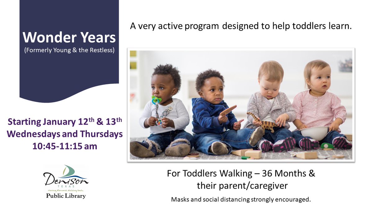 ⏰NEW TIME!!! Join us in the library for our program for toddlers walking-36 months and their parent/caregiver! The program will start January 12th &amp; 13th from 10:45-11:15 am every Wednesday and Thursday and end March 3rd. #ReadToWin