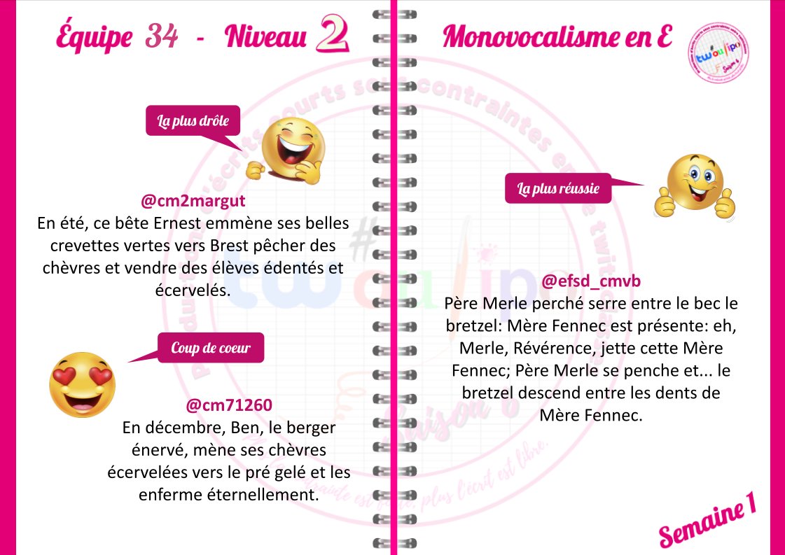 Événement ! 👏 excellents élèves : c'est le temps de révéler les tweets préférés de l'EQ34... Respect ! #Monovocalisme 
@Cm2Lavergne @efsd_cmvb @cm2margut <a href="/Cm2Esg15/">CM2 ESG15</a> <a href="/cm_blr/">Classe CM de BLR</a> <a href="/CMBessonSavasse/">CM1-CM2 Besson Savasse</a> <a href="/Cm71260/">CmAzé</a>