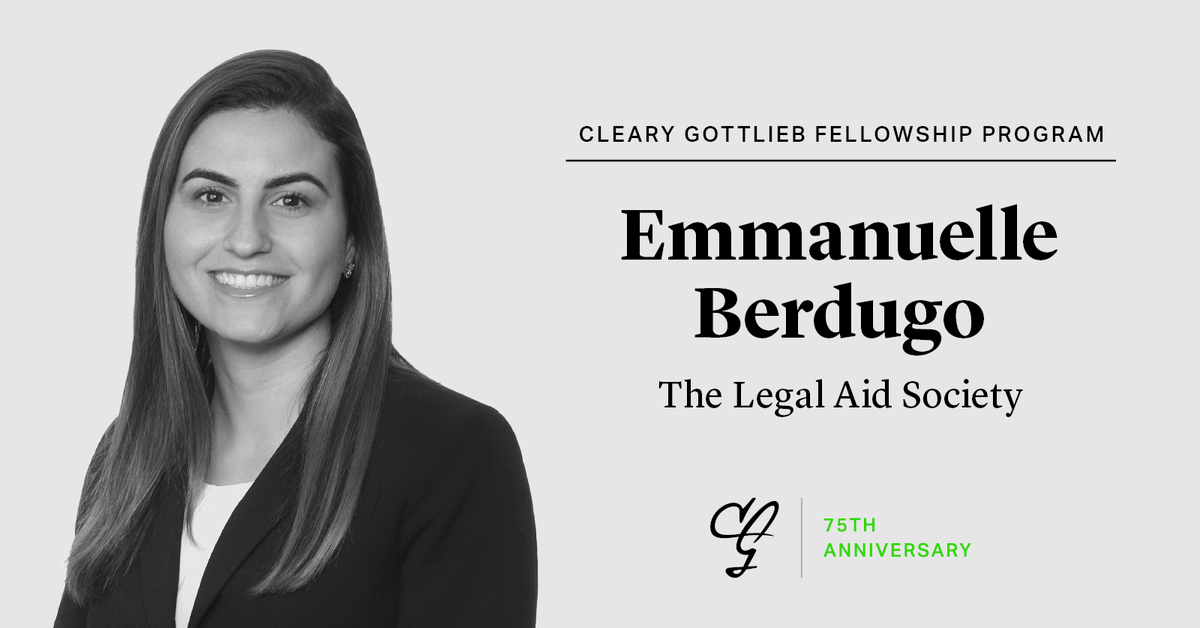 ClearyGottlieb's tweet photo. To celebrate the inaugural class of the #ClearyFellowshipProgram, #ClearyGottliebProBono is recognizing Emmanuelle Berdugo’s noteworthy work at The Legal Aid Society (@LegalAidNYC). To learn more, click here: https://t.co/V5p8XCsL6X #ProBonoMatters https://t.co/ZbDzwfG5Qm