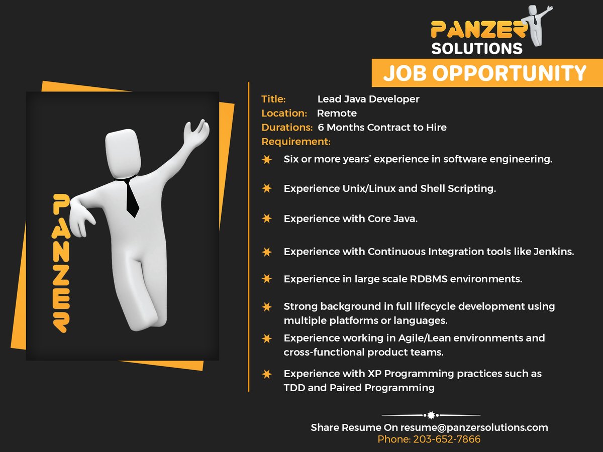 panzersolution's tweet image. Job Title: Lead Java Developer
Location: Remote
Duration: 6 Months Contract to Hire
Share resumes on resume@panzersolutions.com
Or for more info click on the below link
Click Here: panzersolutions.com
#PanzerSolutions #leadjavadeveloper #developer #panzerjobs #jobseekers