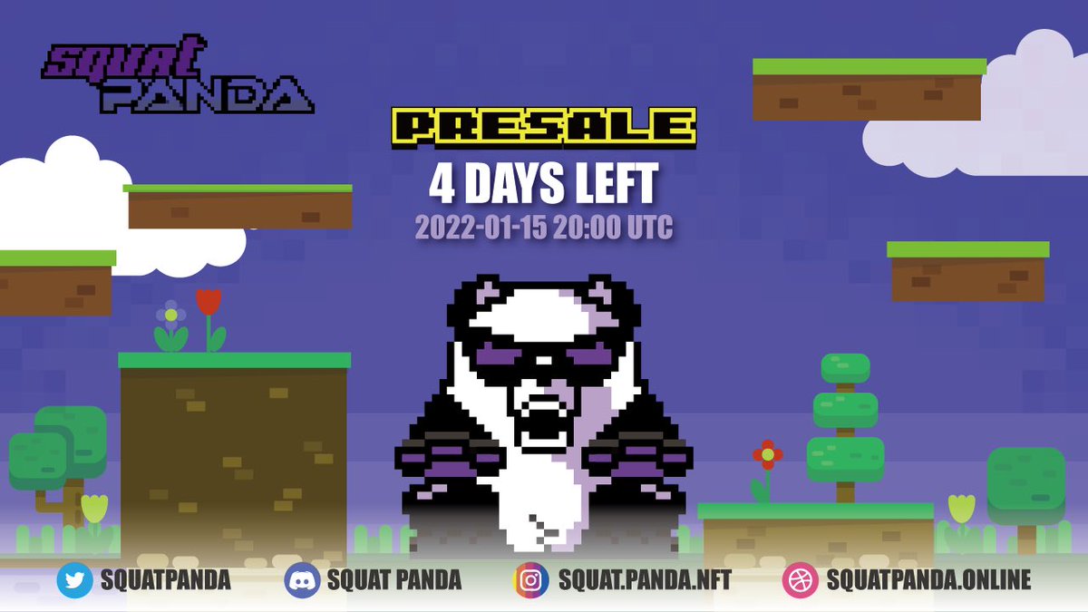 SquatPanda's tweet photo. 📣 Presale of Squat Panda 🐼🐼

🚀 4 Days Left 🔥🔥

The first of 500 NFTs claimed within 72 hours. 🎉🎉

📆 Date: 2021-01-15 20:00 UTC

💰Price: 50 MATIC 

🔗 Link: https://t.co/eE356whcw3

Address 
0xec048A13b46c31d91701cB1791E860Aac9a8d11A

#NFTs #SquatPanda #PolygonNFT 
#NFT https://t.co/D7y29RO1ol