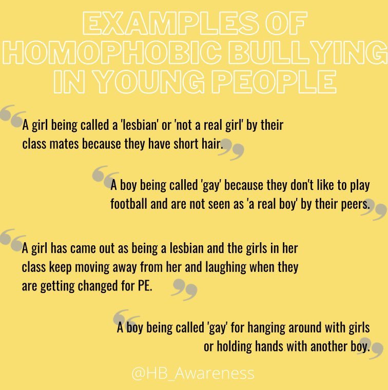 HB_Awareness's tweet photo. Here are some common examples of homophobic bullying. These are only a handful of comments related to homophobic bullying. #bullying #stopbullying #homophobicbullying #homophobia https://t.co/ItD4Y79jCO