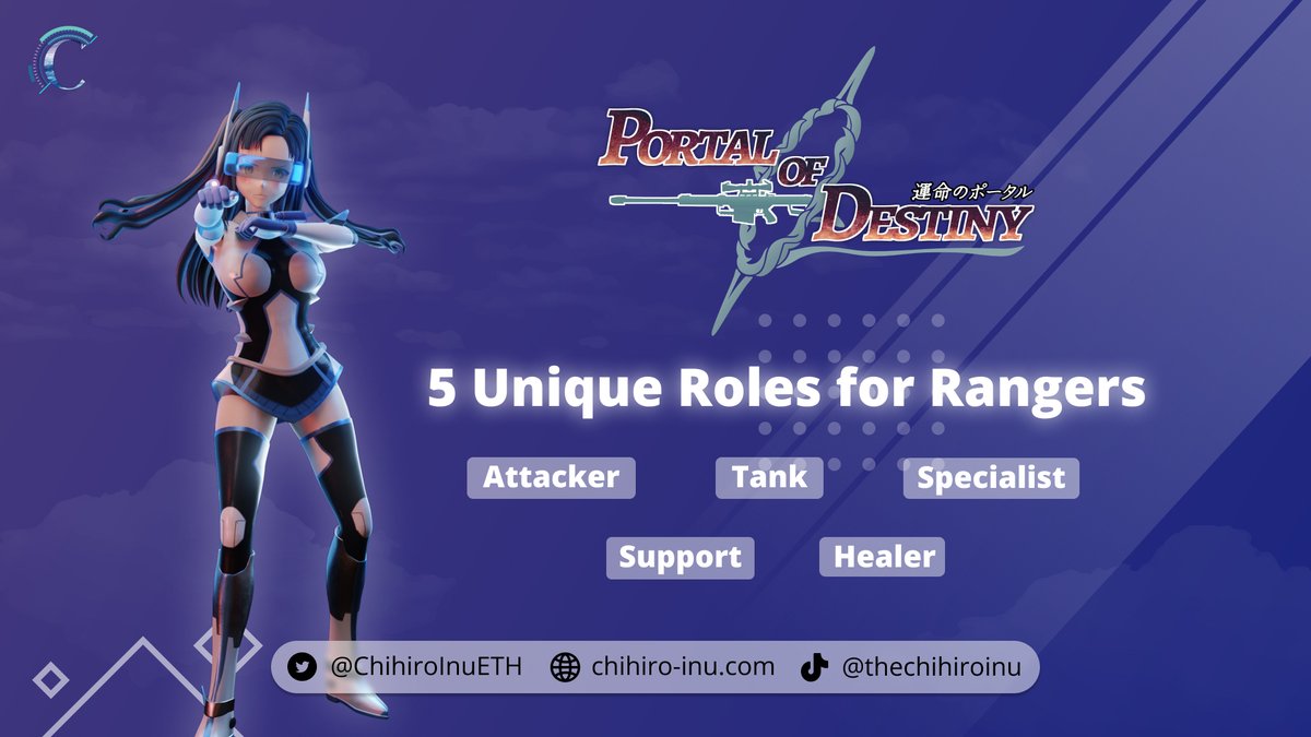 In #PortalofDestiny, players will have the option to choose from 5 unique roles for their #Ranger 🦸‍♀️. Each of which possess their own distinctive gameplay experience. 💪 

Which one will you choose #ChihiroArmy? 🤔

#GameFi    #PlayToEarn