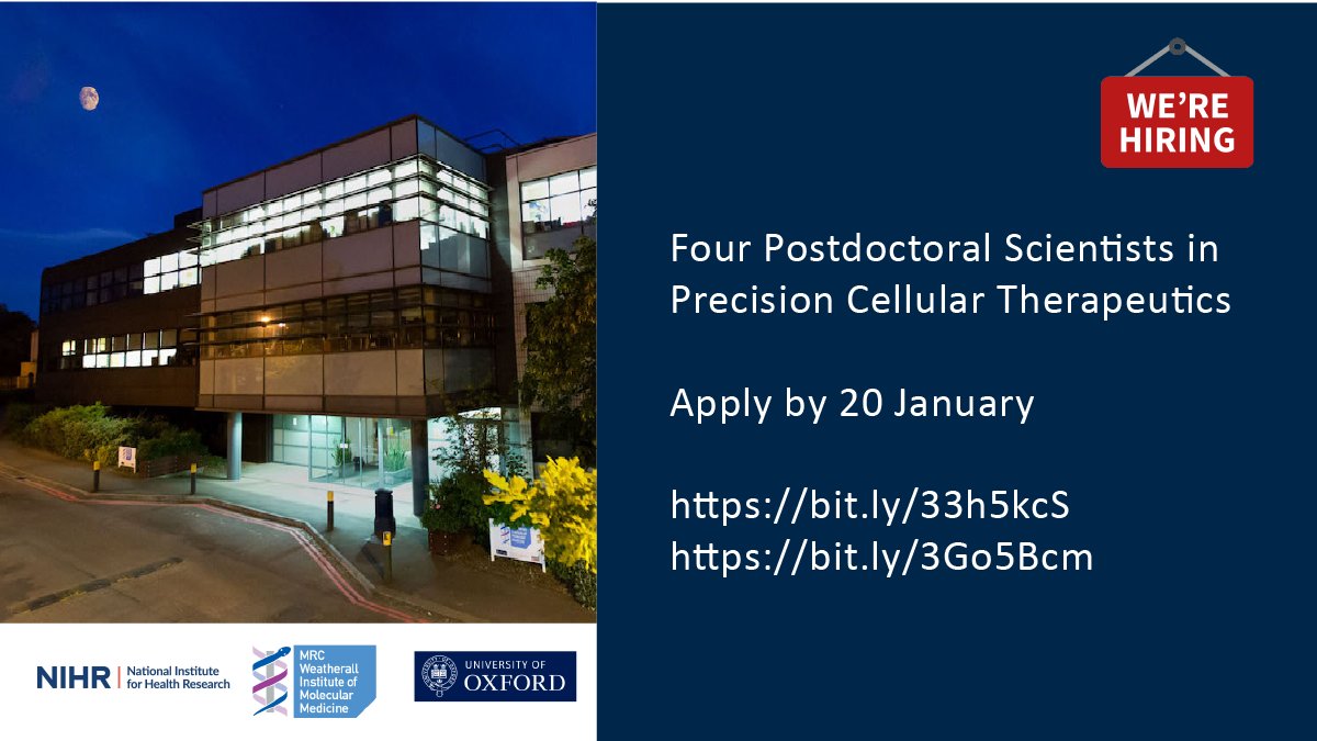 Apply before midday 20 Jan for the post doc roles in precision cellular therapeutics 