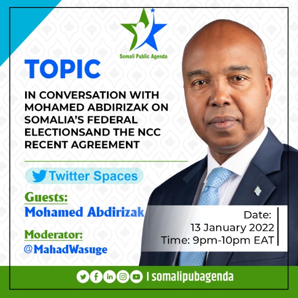 Join us tomorrow night, 9pm.

We will have @TwitterSpaces conversation on #Somalia’s federal elections and the recent NCC agreement with <a href="/MAbdirizak/">Mohamed Abdirizak</a>, former #Somalia Minister of Foreign Affairs

<a href="/MahadWasuge/">Mahad Wasuge</a> will be the moderator.