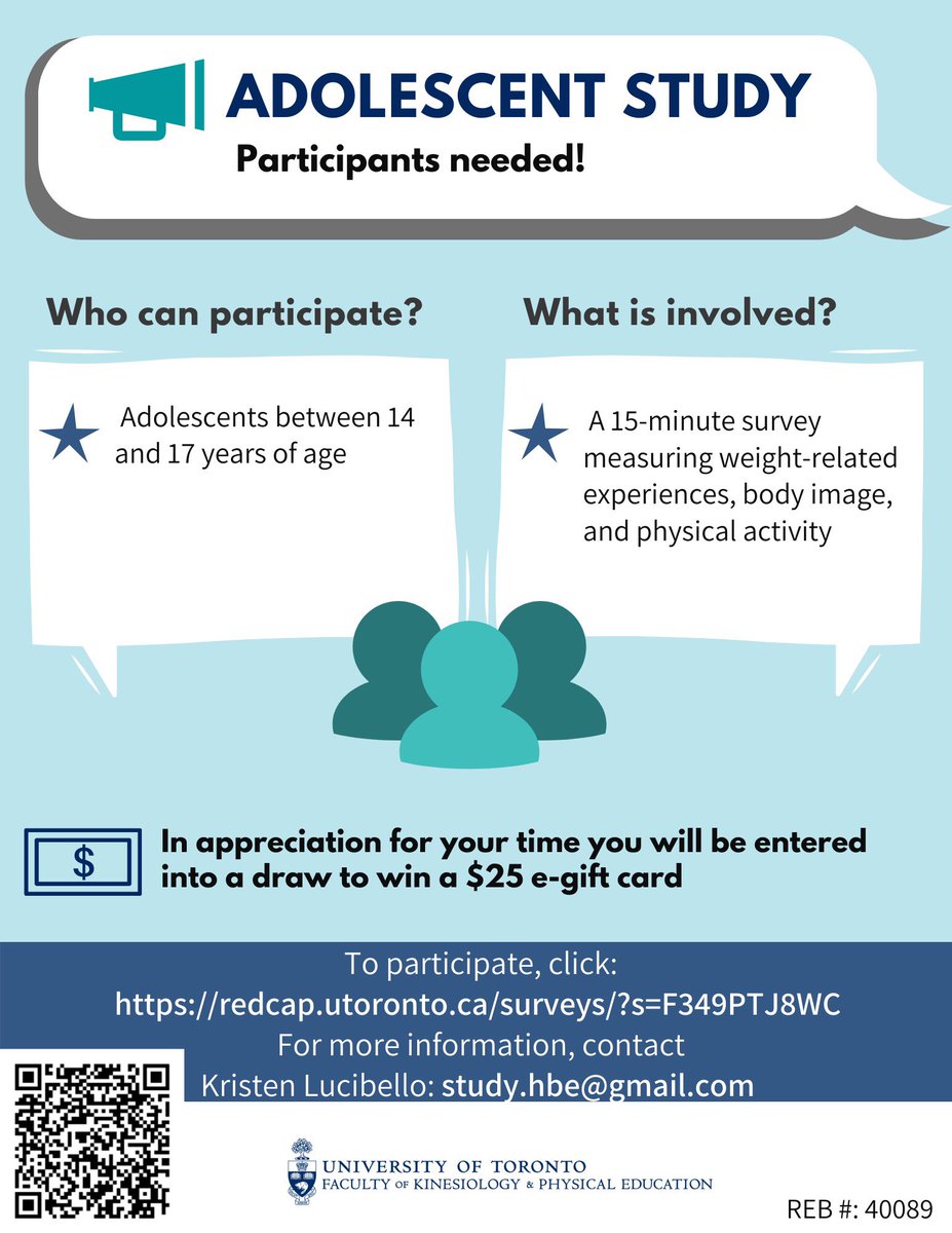 🔹 ADOLESCENT #RESEARCH STUDY

14-17 year olds are invited to fill out a brief online survey on: weight-related experiences, body image, and physical activity, for a chance to win a $25 e-gift card! 

Survey: redcap.utoronto.ca/surveys/?s=F34…

Please share/RT !!