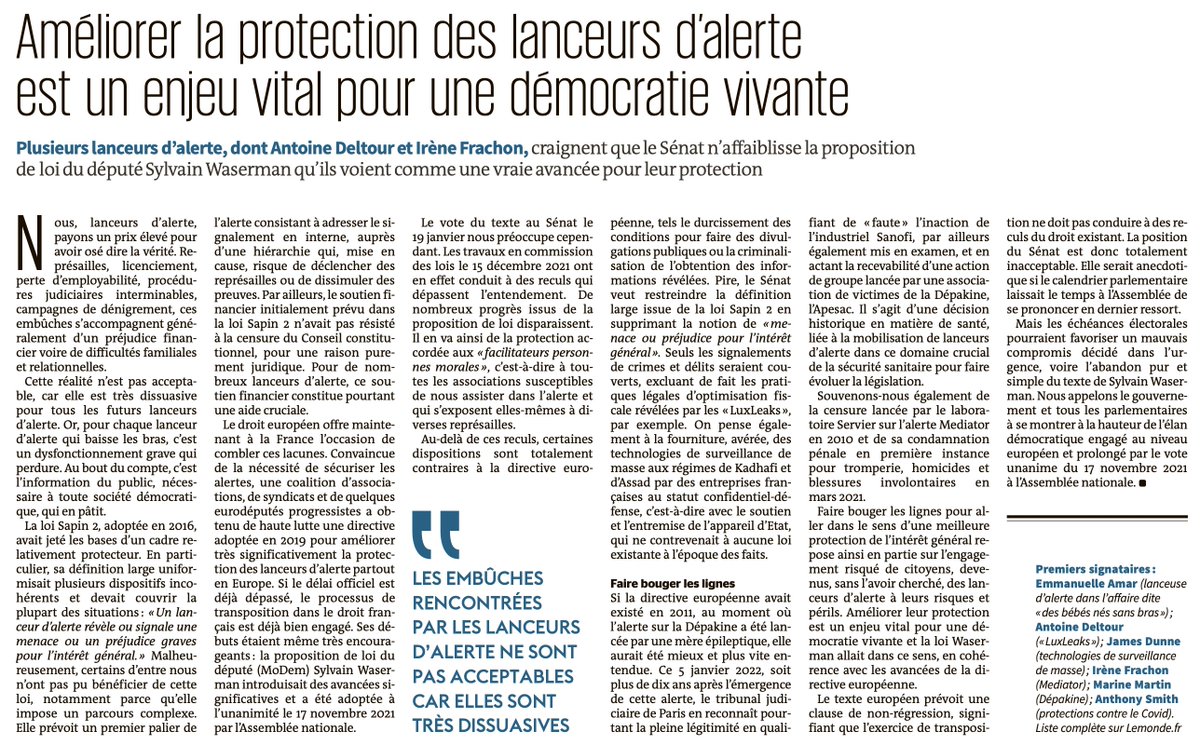 Notre tribune dans <a href="/lemondefr/">Le Monde</a>  co-écrit avec la <a href="/mlalerte/">Maison des Lanceurs d'Alerte</a> #AntoineDeltour <a href="/RegistreRemera/">Emmanuelle Amar</a> #IrèneFrachon pour défendre l'application de la directive européenne actuellement discutée au #Sénat ! #Dépakine #Lanceursalerte #Sénat #loi  Il faut faire bouge les lignes ! <a href="/apesac1/">APESAC</a>