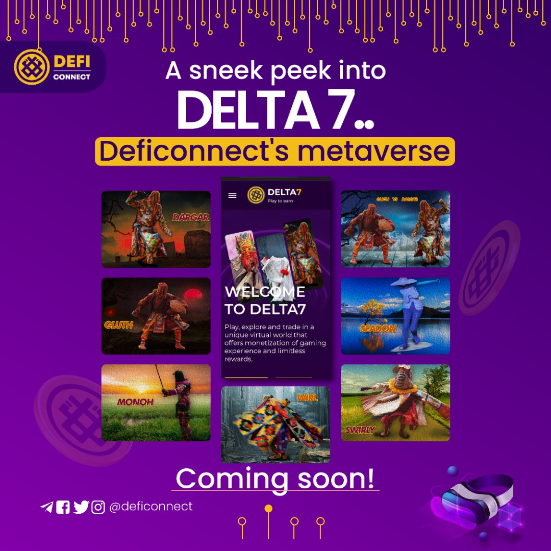 Soon to come...

DELTA7 our very own metaverse..

80% complete and almost ready for launch...

The future is indeed bright..

watch out!

#dfc #deficonnect #YouthWantsCrypto #BSC  #bscscan  #Binance #BinanceSmartChain  #Bitcoin  #altcoin #Airdrop  #ToTheMoon #Metaverse #NFTs