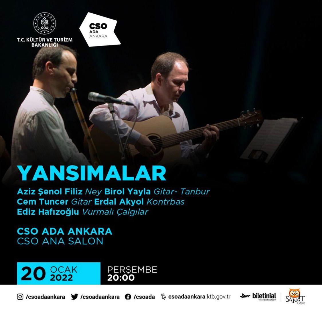 Aziz Şenol Filiz ve Birol Yayla’nın 90’ların başında yayımlanan ilk albümleri ile müzik yolculuğuna başlayan Yansımalar, çeyrek asırı aşan müzik serüveninde paylaşımın, duygunun, dostlukların ortaya çıkardığı müzikal zenginliği ifade ettikleri konserinde dinleyiciyle buluşuyor.