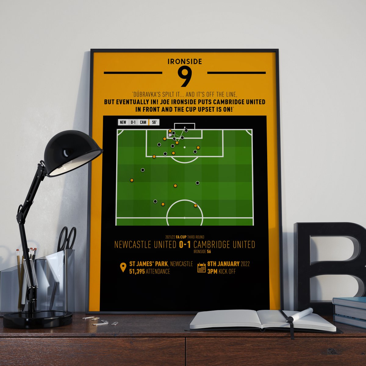 PixelPrintDZN's tweet photo. Cambridge United pulled off a massive cup upset over the weekend against Newcastle, the print is now available on our store! #CUFC 🟠 https://t.co/Wk9kGgCjKb