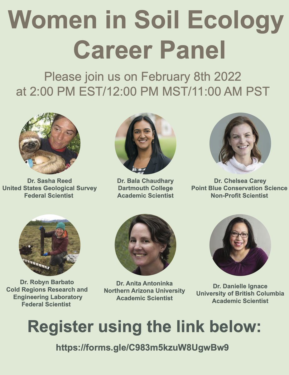Spread the word &amp; RT! We are hosting a virtual career panel Feb 8 with an amazing group of federal, non-profit, &amp; academic female soil scientists!! Use this link to register! docs.google.com/forms/d/e/1FAI…