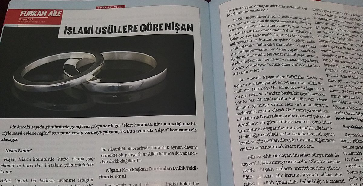 Kıymetli okurlarımız, 
Furkan Nesli Dergisi "Aile" sayfamızda nişan konusunu ele alıyoruz. Önümüzdeki ayda bu konuyla ilgili sizlerden gelen sorulara yer ayıracağız. Sorularınızı <a href="/furkannesli/">Furkan Nesli Dergisi</a> hesabına dm den veya bu tweet in altına yorum olarak yazabilirsiniz.