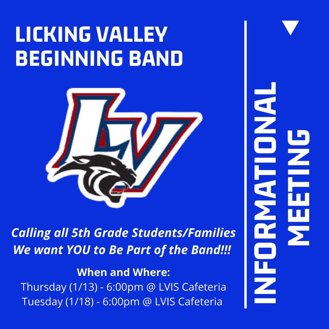 Calling all 5th Grade Families!!!

If your child is interested in joining the 5th grade band or would like more information, there will be info. meetings in the Intermediate School cafeteria at 6:00pm on Thurs. Jan. 13th and Tues. Jan. 18th!

#BePartOfTheBand #WeAreLV #LVBands