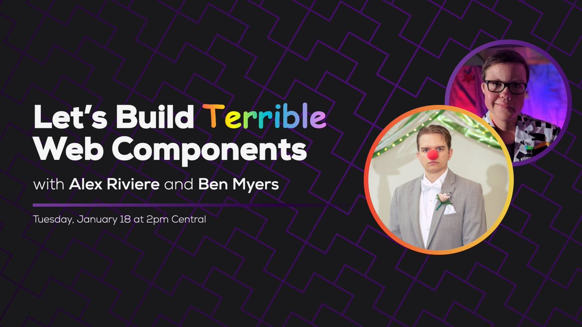 ✨ Next Tuesday! ✨

Join us as we dive into #WebComponents with <a href="/fimion/">Alex Riviere</a> and build custom elements from scratch, armed with nothing but poor decision-making for fonts and colors.

📍 twitch.tv/SomeAnticsDev
⏰ Tue, Jan 18 at 2pm Central
📅 Add to calendar: calendar.google.com/calendar/rende…
