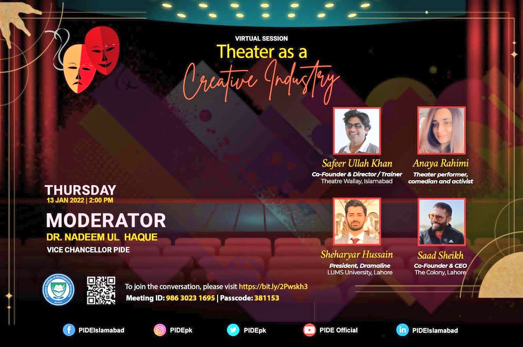PIDEpk's tweet photo. "Theatre as a Creative Industry" will be a good addition in Economy & will provide a source of income for On Screen & BTS crews to earn.
@PIDEpk webinar with Experts.
๐๏ธ Jan 13, 2PM PST
๐ https://t.co/scPI94MuNs
ID: 986 3023 1695
Pwd: 381153
@SafeerKhaan @LUMSDramaline https://t.co/xsD00PdgrR