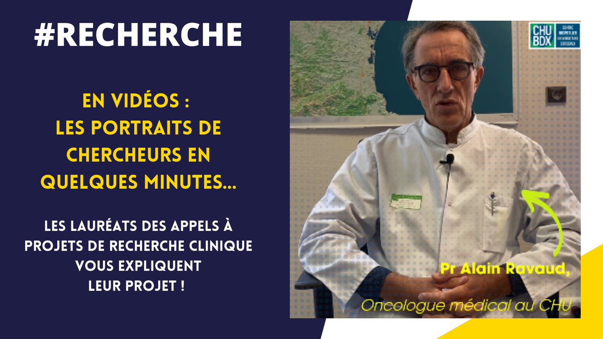 [#RECHERCHE] Les #chercheurs du <a href="/CHUBordeaux/">CHU de Bordeaux</a> étudient les questions #médicales actuelles, génèrent de nouvelles #connaissances &amp; transforment les découvertes en #traitements pour améliorer les soins des patients.
📽️VIDE0 EP1⤵️Portrait du Pr Alain Ravaud  bit.ly/3GlW9q2