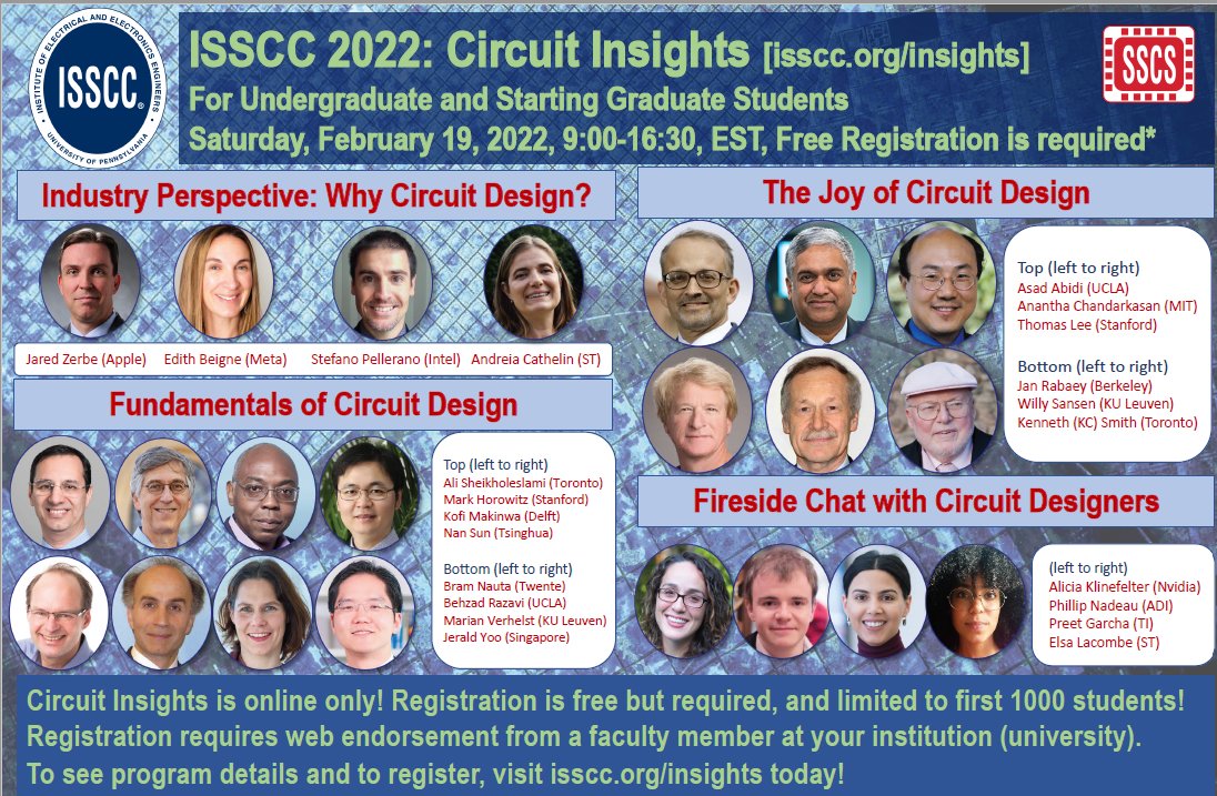 IEEEYP's tweet photo. YP Grad Students - Join the ISSCC one-day virtual event Circuits Insight! This first time event will be held on Saturday, February 19th and is aimed towards 3rd and 4th year undergraduate students and starting graduate students. Registration is required: https://t.co/lJSWBWprRX https://t.co/espYBKBMG6