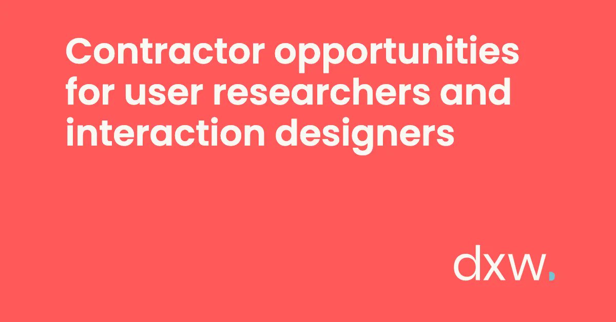 dxw (@dxw) on Twitter photo We're looking for a #UserResearcher to work with us on an exciting client project. Starting asap and running through to July. The team can work flexibly.
We also have contract opportunities for #InteractionDesigners starting in Feb.
Drop <a href="/cocarivas/">Coca Rivas 🏴☠️</a> a note if you're interested. We're looking for a #UserResearcher to work with us on an exciting client project. Starting asap and running through to July. The team can work flexibly.
We also have contract opportunities for #InteractionDesigners starting in Feb.
Drop <a href="/cocarivas/">Coca Rivas 🏴☠️</a> a note if you're interested.