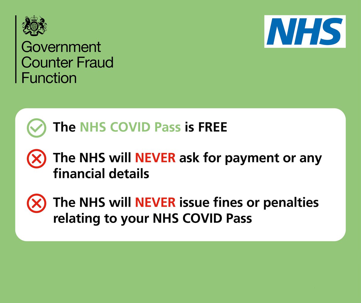 🚫| Please beware of COVID Pass fraud.

The NHS COVID Pass is free. The NHS will never ask for payment or financial details, and will never issue fines or penalties relating to your NHS Covid Pass.

To get your free COVID Pass, visit: nhs.uk/NHSCovidPass