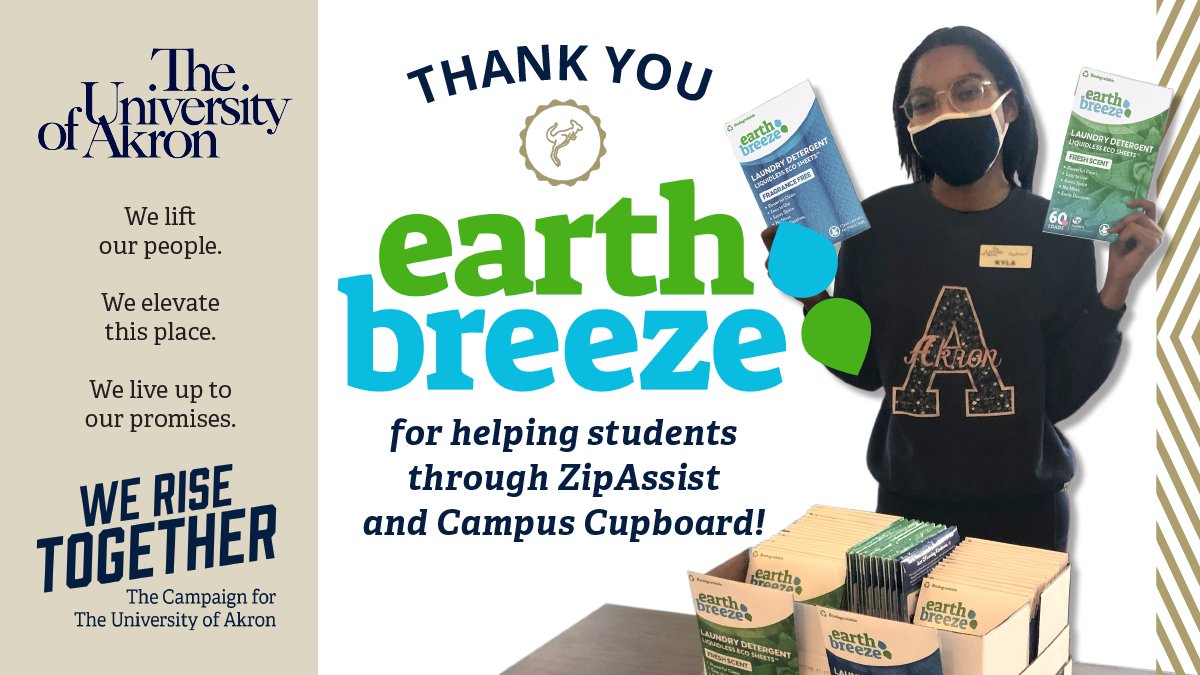 UAgives's tweet photo. Thank you, Earth Breeze! Your generous donation of laundry detergent to @UAZipAssist is about more than just clean clothes. It’s about restoring dignity to hardworking @uakron students so they can begin each day fresh &amp; ready to succeed. #ThankfulThursday https://t.co/DKQ3Ht5RQ1