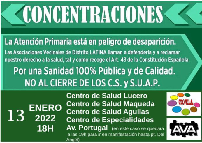 En el distrito de Latina también habrá concentraciones el jueves 13 por una sanidad 100% pública y de calidad: