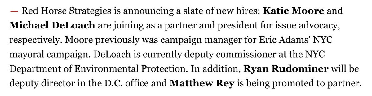 RedHorseStrat's tweet photo. After a historic year helping elect @EricAdamsforNYC &amp; dozens of other public servants, we're excited to welcome Katie Moore as a Partner, @MichaelDeLoach as President of Public Affairs and Issue Advocacy... https://t.co/RlzF5EU0OX
