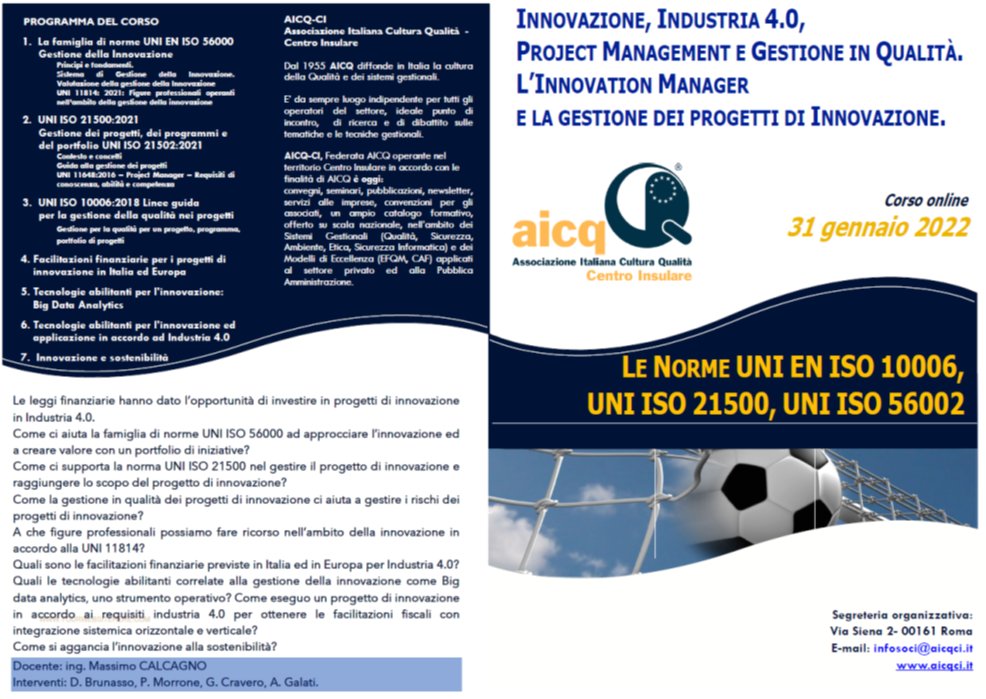 aicq_ci's tweet photo. Innovazione, Industria 4.0, Project Management e Gestione in Qualità. 
L’Innovation Manager e la gestione dei progetti di Innovazione.
Le Norme UNI EN ISO 10006, UNI ISO 21500, UNI ISO 56002       
31 gennaio 2022 - iscrizioni aperte!! https://t.co/82RFunQl1v