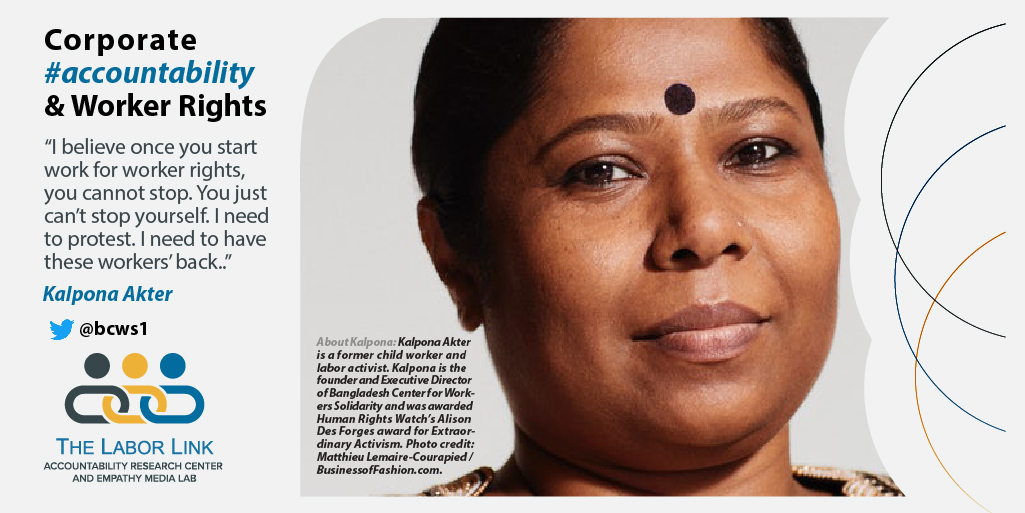 AcctResearchCtr's tweet photo. New Labor Link podcast alert! Kalpona Akter is a former child worker. She founded and directs @bcws1 in #Bangladesh. @kalponaakter shares her story and what keeps her fighting for apparel workers’ rights. 
#PayYourWorker #SigntheAccord 

https://t.co/6EtmrlhLtX https://t.co/ZG88O0UFaQ