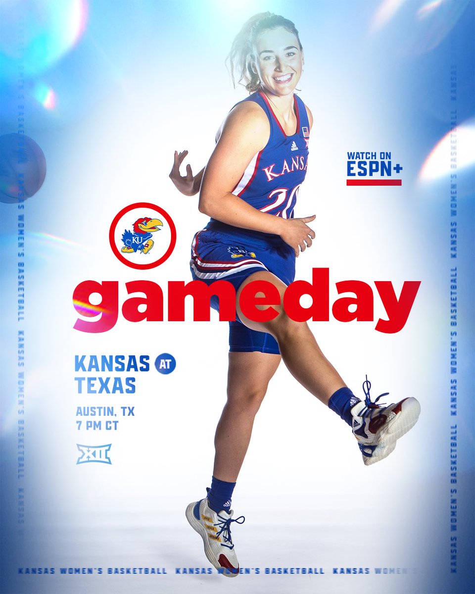 KUWBball's tweet photo. 𝐆𝐀𝐌𝐄𝐃𝐀𝐘

🏀 at #13/12 Texas
⏰ 7 pm
📍 Austin, Texas 
🏟 Frank Erwin Center
📺 Longhorn Network 

#RockChalk https://t.co/1FcssJs8Li
