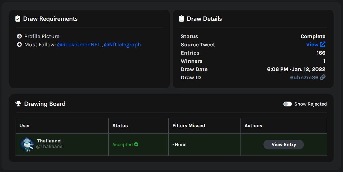 NftSpyDotNet's tweet photo. 🎁Today's Winner!🎁

@RocketmenNFT winner is @Thaliaanel

Congratulations! 🎉

Please reach out to project owners on Twitter or Discord to claim your rewards! https://t.co/vOEiVOZtH9