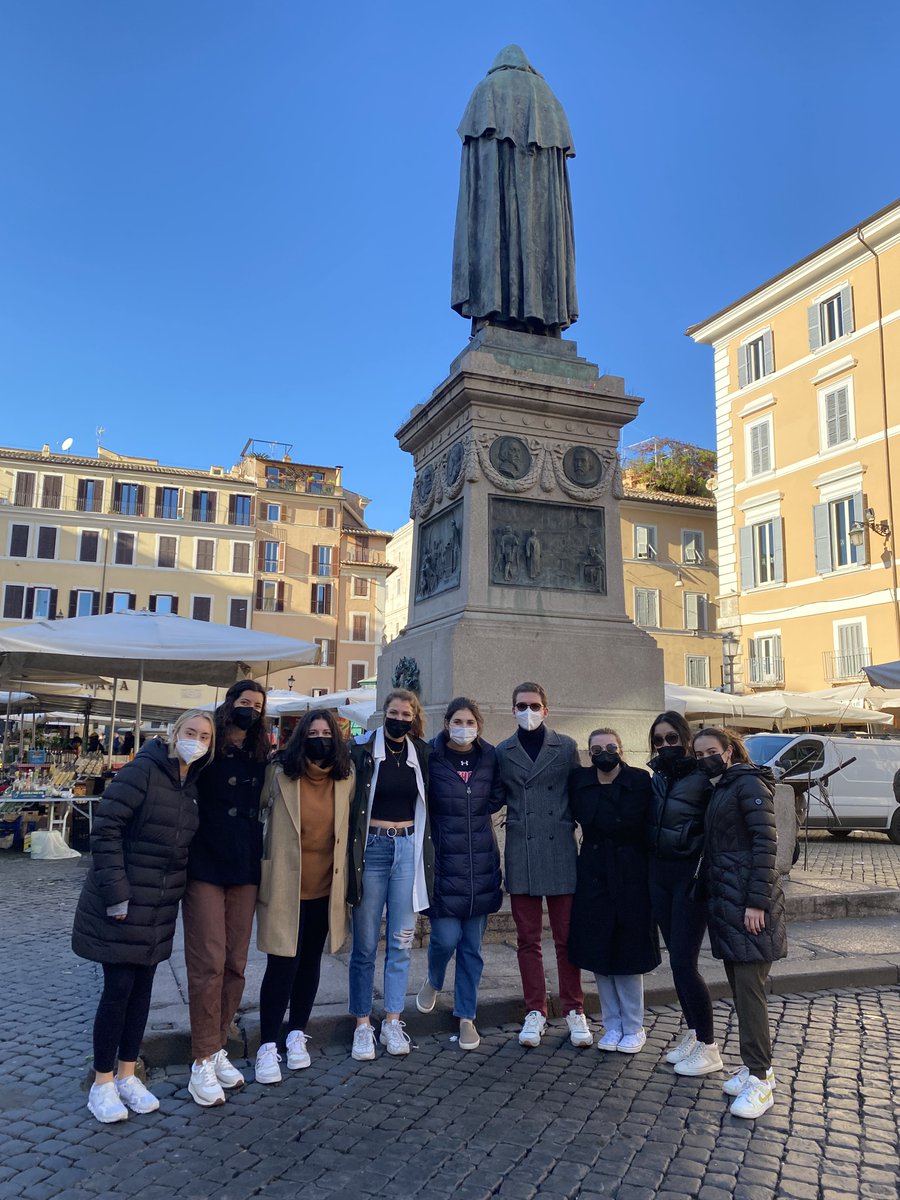 GregMillerCUA's tweet photo. The @CatholicU_Chem course Science of Food and Cooking at the @CatholicUniv Rome campus visited Campo di Fiore! Overlooking the market is Giordano Bruno who was burnt at the stake here in 1600 for thinking the Earth moved and the universe was vast and populated with many worlds. https://t.co/HwzRqTgDlM