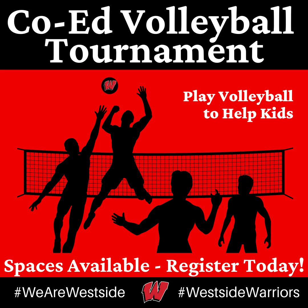 Register for the WHS DECA - Co-Ed Volleyball Tournament!
Saturday, January 22
12PM 
$30 per team

Register: 
DM WHS Red Shield or
Insta: <a href="/Westside/">Westside</a>.DECA 
Proceeds go to Completely Kids for curriculum driven programs to improve learning skills. 

#WeAreWestside #WestsideWarriors