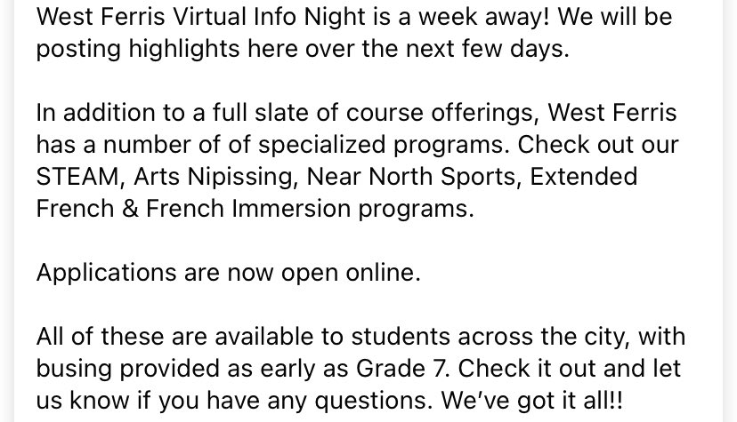 Our Virtual Info Night is one week away!
nearnorthschools.ca/west-ferris/sp…