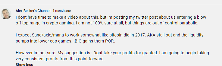ZssBecker's tweet photo. Fair Warning : At 45k I am going to start the "called" it posting.

First screen : Literally the sandbox/gaming crypto all time high

2nd Screen : My bottom call (for crypto gaming tied to BTC)

Fair warning : It will be aggressive and full of protein powder flexing

*rubs abs* https://t.co/fYYKcrVOHE