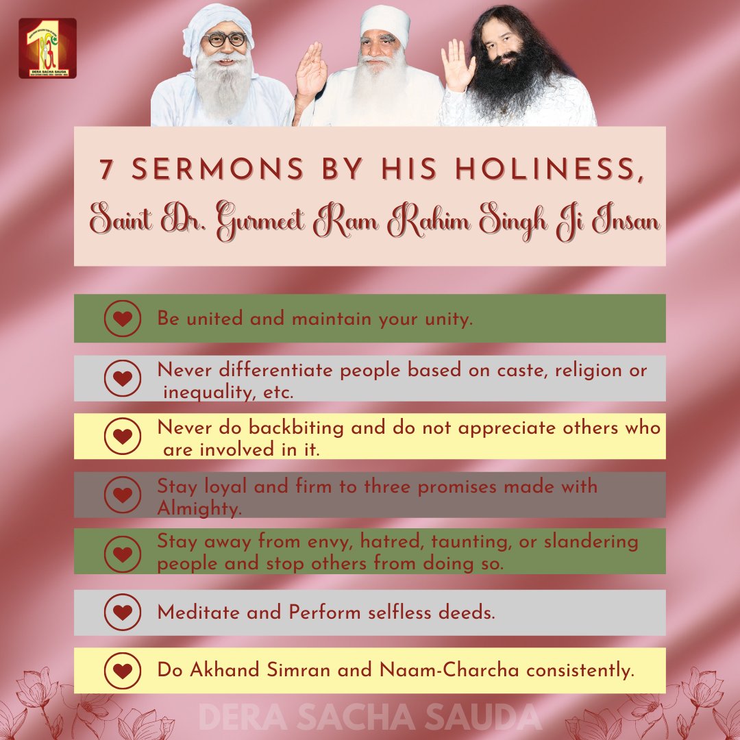 DSSNewsUpdates's tweet photo. Let us implement the most prominent seven sermons of His Holiness, Saint Dr. @Gurmeetramrahim Singh Ji Insan mentioned in the heart-warming seventh letter, and attain Thy blessings! Take a pledge today and follow these by heart! #IncarnationMonth #SaintDrMSG #letter https://t.co/MFo9e1R30Z
